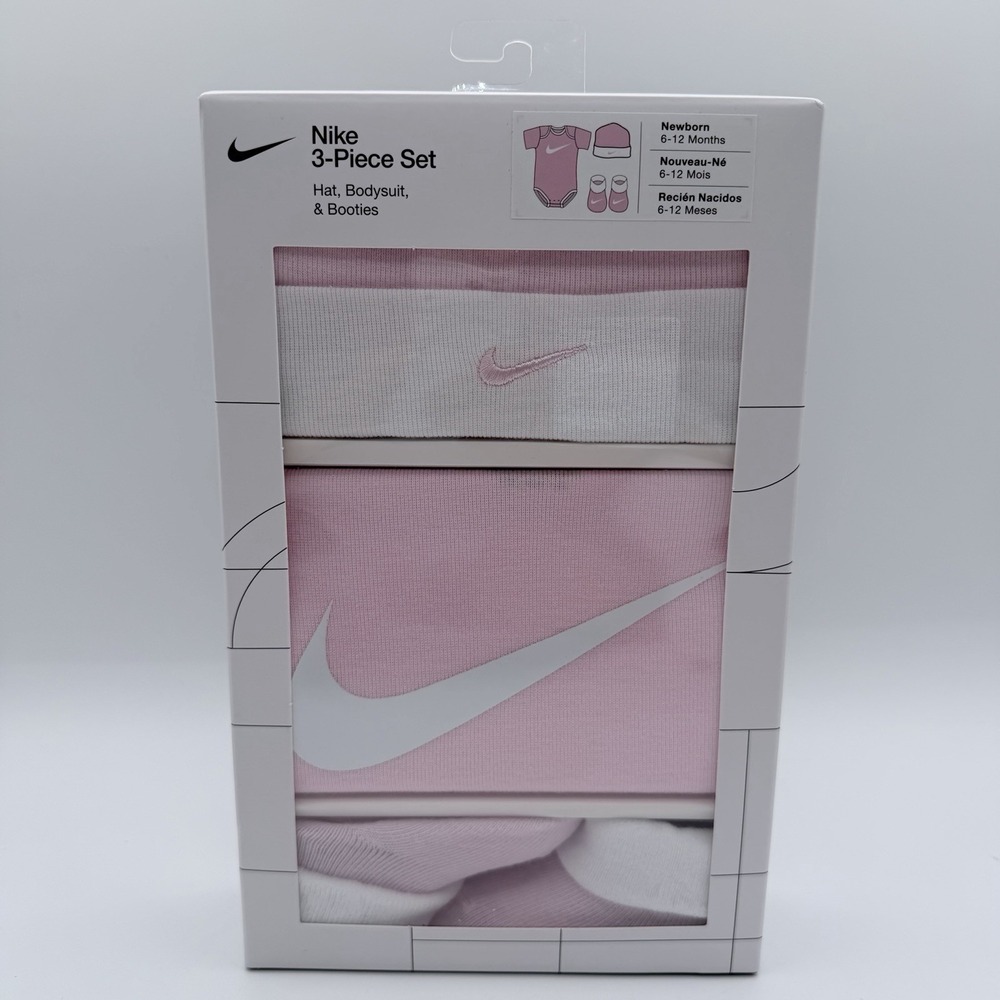 Nike Baby Girls 3Pc Outfit Set Hat Bodysuit Booties 6-12M Jersey Pink White NIB